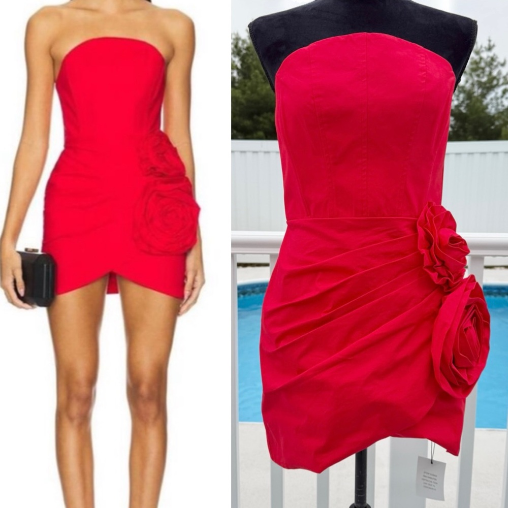 NBD Alyna Mini Dress NWT Strapless Rosette Detailing in Red Size Medium